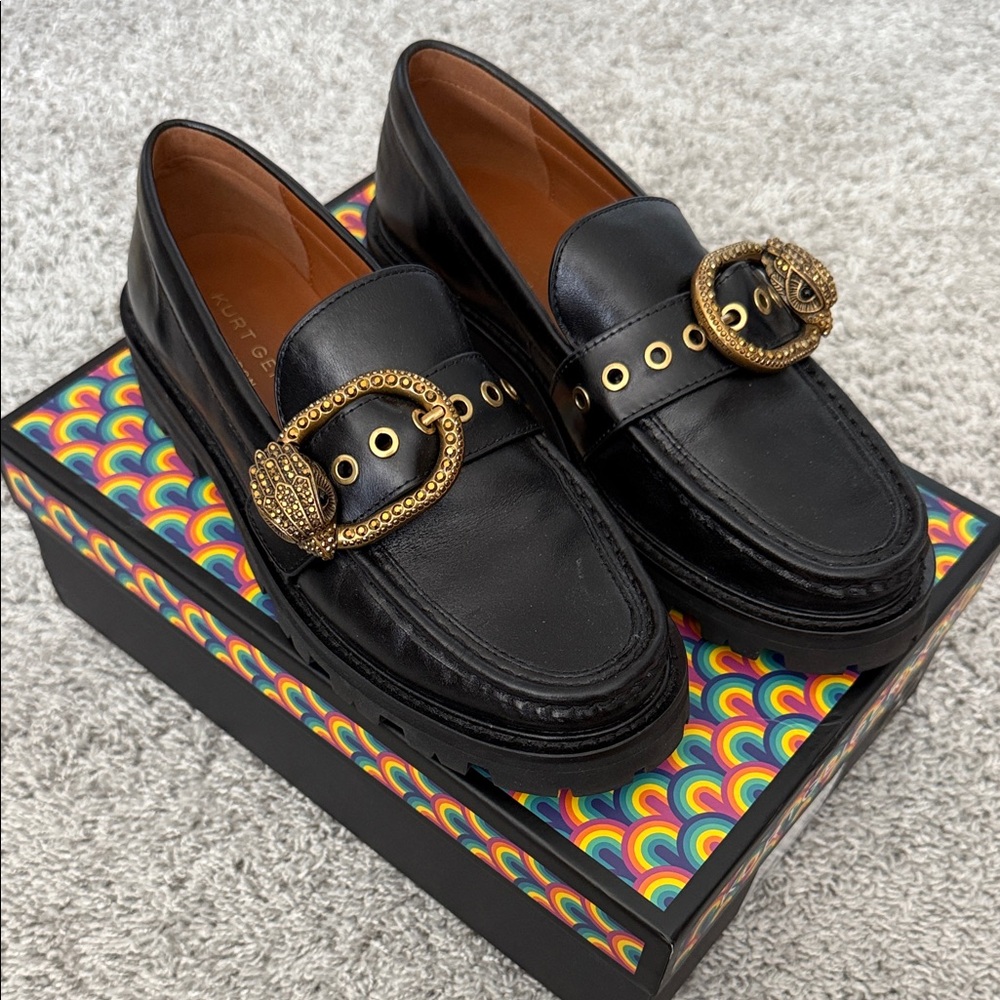Black Leather Loafers with Gold Buckle Kurt Geiger size 8